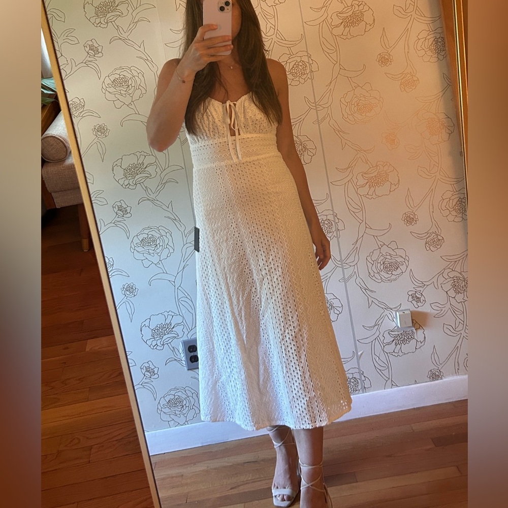 NWT Lulu’s Adored Aura White Eyelet Embroidered Cutout Midi Dress